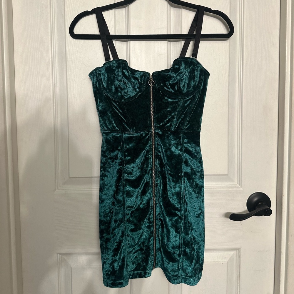 Urban Outfitters Emerald Velvet Zip-Front Mini Dress